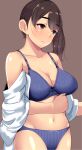  1girl bangs blue_bra blue_panties bra breasts brown_background brown_eyes brown_hair chirashi_(so) cleavage closed_mouth eyebrows_visible_through_hair highres kaga_(kancolle) kantai_collection large_breasts open_clothes panties ponytail side_ponytail simple_background solo thick_eyebrows underwear 