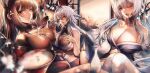  3girls amagi_(azur_lane) animal_ears apraxia architecture azur_lane black_gloves bodystocking bottle breasts brown_hair chromatic_aberration coat cup east_asian_architecture extra_ears fang gloves hand_on_own_chest highres huge_breasts impossible_clothes indoors japanese_clothes kimono kitsune large_breasts leaning_forward leaning_on_object light_purple_hair long_hair looking_at_viewer multiple_girls multiple_tails off-shoulder_kimono one_eye_closed pouring_onto_self purple_eyes purple_kimono red_coat sakazuki sake_bottle shinano_(azur_lane) short_hair_with_long_locks single_glove skin_fang suggestive_fluid tail tosa_(azur_lane) white_hair white_legwear white_tail 