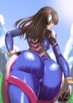  1girl ass ass_focus ayuayu_(shouyu_no_sato) blue_bodysuit blurry bodysuit breasts brown_hair cameltoe d.va_(overwatch) depth_of_field facepaint facial_mark from_behind from_below headphones long_hair looking_at_viewer looking_back medium_breasts overwatch pilot_suit ribbed_bodysuit shiny shiny_hair skin_tight smile solo standing whisker_markings 