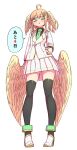  1girl :o ahoge angel_wings aohada_bocchi black_legwear green_eyes hand_on_hip head_wings highres jacket lian_(aohada_bocchi) pointy_ears school_uniform shoes speech_bubble thighhighs thighs twintails white_background white_footwear white_jacket wings zyugoya 