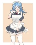  1girl alternate_costume apron bangs black_dress blue_eyes blue_hair blush breasts commentary_request double_bun dress enmaided eyebrows_visible_through_hair frilled_apron frilled_dress frills hair_between_eyes highres kantai_collection large_breasts maid maid_apron maid_headdress medium_hair mochizou pink_background puffy_short_sleeves puffy_sleeves short_sleeves signature solo thighhighs twitter_username urakaze_(kancolle) waist_apron white_apron white_background white_legwear 