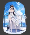  1girl absurdres animal_ears atago_(azur_lane) atago_(lily-white_vow)_(azur_lane) azur_lane bare_shoulders black_hair breasts bridal_gauntlets bridal_veil cleavage dress elbow_gloves extra_ears full_body gloves high_heels highres large_breasts long_hair looking_at_viewer lopy official_alternate_costume outdoors shoes skindentation skirt_hold sleeveless sleeveless_dress thighhighs thighs turret veil water wedding_dress white_bird white_dress white_footwear white_gloves white_legwear yellow_eyes 