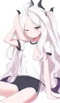  1girl billbung blue_archive blush breasts dolphin_shorts gym_uniform highres hina_(blue_archive) horns long_hair one_eye_closed purple_eyes shorts simple_background sitting slit_pupils small_breasts solo towel very_long_hair white_background white_hair 