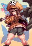  1girl anchor ass bike_shorts brown_hair cabbie_hat coat grin guilty_gear guilty_gear_strive hat heart highres holding holding_anchor legs long_hair looking_back may_(guilty_gear) orange_eyes skull_and_crossbones smile solo tukiwani v 