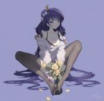  1girl absurdres bangs bare_shoulders black_bra black_legwear blue_background bra breasts chinese_commentary cleavage commentary_request eyebrows_visible_through_hair feet flower full_body genshin_impact hair_flower hair_ornament highres long_hair looking_at_viewer medium_breasts no_shoes off_shoulder purple_eyes purple_flower purple_hair raiden_shogun shade shirt signature simple_background simulated_footjob sitting solo strap_slip suggestive_fluid thighhighs underwear very_long_hair white_shirt yellow_flower zhanghengczkd 