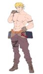  1boy abs alternate_costume armlet bara blonde_hair brown_gloves brown_pants flat_color full_body gloves granblue_fantasy headband huan_shi_tian_tong large_pectorals leather looking_at_viewer male_focus muscular muscular_male navel nipples pants pectorals short_hair sideburns smile solo stomach topless_male vane_(granblue_fantasy) wrench 