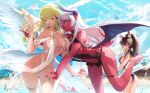  6+girls angel_and_devil animal_ear_fluff animal_ears ass ass_visible_through_thighs bare_arms bare_legs bare_shoulders barefoot bikini black_bikini black_horns blue_eyes bracelet breasts breasts_apart bulge colored_skin commentary demon_girl demon_horns demon_tail demon_wings english_commentary eyebrows_visible_through_hair feet futa_with_female futanari green_eyes halo head_wings high_ponytail horns jewelry kisero_(kyuri_tizu) kyuri_tizu looking_at_another monster_girl multiple_girls navel one-piece_swimsuit one_eye_closed open_mouth original pointy_ears purple_nails red_skin revision smile swimsuit syrene_(kyuri_tizu) tail water wet white_bikini wings 