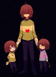  3others :d absurdres bangs black_background black_footwear black_pants blue_sweater brown_hair chara_(undertale) commentary_request deltarune expressionless flower frisk_(undertale) full_body green_sweater heart heart_necklace highres holding holding_flower holding_hands holding_stick kris_(deltarune) long_sleeves looking_at_viewer multiple_others open_mouth pants red_eyes shaded_face short_hair smile stick sweater undertale y_o_u_k_a yellow_flower 