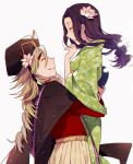  1boy 1girl bangs belt black_cape black_hair black_headwear blonde_hair brown_belt cape carrying carrying_person closed_eyes commentary_request couple douma_(kimetsu_no_yaiba) eyelashes floral_print flower forehead green_kimono grin hair_flower hair_ornament hakama hakama_pants hand_on_another&#039;s_face happy hashibira_kotoha hetero japanese_clothes kimetsu_no_yaiba kimono kiri_(lwp01_lav) laughing light_smile lips lipstick long_sleeves lotus makeup open_mouth pants parted_bangs purple_robe red_sweater simple_background smile sweater thick_eyebrows turtleneck turtleneck_sweater white_background 