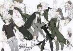  2boys ahoge alternate_costume bangs belt black_pants black_shirt brown_eyes brown_hair collared_shirt commentary_request danganronpa_(series) danganronpa_2:_goodbye_despair facing_up green_jacket grey_hair grey_pants hinata_hajime jacket knee_up komaeda_nagito leg_up long_hair looking_at_another male_focus medium_hair messy_hair multiple_boys necktie no_jacket open_clothes pants print_shirt shirt short_hair signature simple_background sitting suou topless_male translation_request white_belt white_hair yaoi 