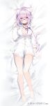  1girl ahoge alternate_costume animal_ears bangs bare_legs barefoot bed_sheet black_collar blush breasts cat_ears cat_girl cat_tail closed_mouth collar collared_shirt dakimakura_(medium) dress_shirt eyebrows_visible_through_hair full_body glasses hand_up highres hololive kamioka_shun&#039;ya long_sleeves looking_at_viewer lying medium_breasts navel nekomata_okayu official_alternate_costume official_art on_back purple_eyes purple_hair purple_ribbon ribbon shirt sleeves_past_wrists solo tail virtual_youtuber watermark white_shirt 