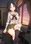  1girl aquaegg black_hair black_legwear blue_eyes blush breasts classroom cloud cloudy_sky collarbone commentary_request covered_nipples desk eyebrows_visible_through_hair feet freckles girls_und_panzer green_skirt highres indoors large_breasts long_hair looking_at_viewer navel no_panties on_desk ooarai_school_uniform open_mouth pleated_skirt school_uniform shiny shiny_hair shiny_skin skirt sky smile socks solo yamagou_ayumi 
