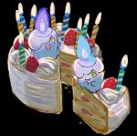  :d alternate_color anzu_(01010611) cake candle closed_mouth commentary fire flame food fruit highres litwick no_humans open_mouth pokemon pokemon_(creature) shiny_pokemon smile strawberry symbol-only_commentary yellow_eyes 