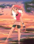  1girl bandana bike_shorts_under_skirt brown_hair cloud eyelashes gloves grin holding holding_shoes knees komurapk looking_at_viewer may_(pokemon) outdoors pokemon pokemon_(game) pokemon_rse shirt shoes shoes_removed short_sleeves skirt sky smile solo standing sun sunset teeth twilight wading water white_skirt 