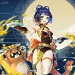  1girl bare_shoulders blue_hair braid china_dress chinese_clothes dress genshin_impact gloves guoba_(genshin_impact) highres hokushuu mid-autumn_festival panda short_hair solo twin_braids xiangling_(genshin_impact) yellow_eyes 