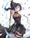  1girl alice_(sinoalice) armpits arms_behind_head arms_up black_dress black_gloves black_hair blue_flag blue_hair bow dress elbow_gloves gem gloves gold_trim hair_bow hair_ornament highres holding holding_weapon jewelry killy_doodle looking_to_the_side medium_hair multicolored_hair petals red_eyes sinoalice solo strapless strapless_dress streaked_hair thigh_strap thighs two-tone_hair watercraft weapon 