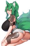  1girl :d animal_ear_fluff animal_ears ass avatar_(pso2) bandaid bandaid_on_nose bangs bare_legs barefoot blue_eyes blush breasts commentary commission fox_ears fox_tail from_side green_hair grey_panties hair_between_eyes heterochromia highres horns huge_breasts looking_at_viewer looking_to_the_side multiple_tails open_mouth original panties phantasy_star phantasy_star_online_2 ponytail simple_background skeb_commission smile solo suruga_(xsurugax) tail tsutsune_(pyobbo) underwear white_background yellow_eyes 