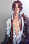  1boy abs brown_hair closed_mouth collarbone final_fantasy final_fantasy_viii highres jacket looking_at_viewer male_focus necktie nini_tw99 open_clothes scar simple_background solo squall_leonhart toned toned_male 