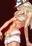  1girl absurdres bandeau bare_shoulders belt beltbra blonde_hair breasts cowboy_shot dark-skinned_female dark_skin guilty_gear guilty_gear_xrd hat highres hip_bones long_hair medium_breasts navel orange_eyes platinum_blonde_hair profile ramanda ramlethal_valentine shiny shiny_skin short_shorts shorts solo toned underboob white_shorts wristband 