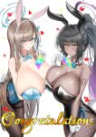  2girls absurdres animal_ears asuna_(blue_archive) asymmetrical_docking black_hair black_leotard blue_archive blue_bow blue_bowtie blue_eyes blue_leotard blush bow bowtie breast_press breasts card cleavage commentary_request congratulations dark-skinned_female dark_skin detached_collar english_text fake_animal_ears fake_tail finger_to_mouth fishnet_legwear fishnets gloves grey_hair heart highres huge_breasts kaoru1307 karin_(blue_archive) leaning_forward leotard looking_at_viewer mole mole_on_breast multiple_girls pale_skin pantyhose playboy_bunny rabbit_ears rabbit_tail seductive_smile shiny shiny_skin smile tail tan tattoo white_gloves wrist_cuffs yellow_eyes 