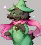  1boy animal_ears black_fur body_fur commentary cowboy_shot deltarune dress fangs furry furry_male glasses goat_boy goat_ears goat_horns goat_tail green_dress green_eyes green_headwear green_robe grey_background hat heart highres horns male_focus one_eye_closed pink_scarf ponpo_ko5 ralsei robe round_eyewear scarf signature simple_background solo standing witch_hat 