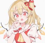  1girl bangs blonde_hair commentary crystal eyebrows_visible_through_hair flandre_scarlet hair_between_eyes hair_ribbon highres looking_at_viewer medium_hair no_hat no_headwear one_side_up own_hands_clasped own_hands_together paragasu_(parags112) pointy_ears red_ribbon ribbon simple_background solo touhou upper_body white_background wings 