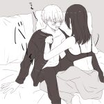  &gt;_&lt; 1boy 1girl absurdres arm_support bangs bare_arms barefoot blush bra commentary_request couple from_behind grey_background greyscale hetero highres kaneki_ken kirishima_touka long_hair monochrome motion_lines open_clothes open_mouth open_shirt pants pillow shiny shiny_hair shirt short_hair simple_background sitting tokyo_ghoul toukaairab underwear undressing 