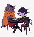  board_game buttons cat chair chess chess_piece chessboard colored_skin deltarune fang hat highres jester_cap jevil no_humans orange_tunic patch playing_games purple_fur purple_skin scar seam_(deltarune) simple_background smile table tail tunic white_background y_o_u_k_a 