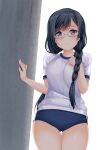  1girl bangs black_hair blue_buruma blunt_bangs braid buruma closed_mouth commentary_request glasses grey-framed_eyewear grey_eyes gym_shirt gym_uniform hair_over_shoulder hand_on_wall highres hino_minato_(spec.c) legs_together long_hair looking_at_viewer love_live! love_live!_nijigasaki_high_school_idol_club nakagawa_nana semi-rimless_eyewear shirt short_sleeves simple_background smile solo standing thigh_gap thighs under-rim_eyewear white_background white_shirt yuuki_setsuna_(love_live!) 