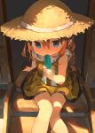  1girl arm_support bangs bare_legs bare_shoulders blue_eyes braid brown_hair brown_headwear child cloneko_(zelmeledf2) commentary covered_mouth day dress eating flat_chest food hand_up hat hat_ribbon highres holding holding_food knees_together_feet_apart legs long_hair looking_at_viewer original outdoors popsicle ribbon shadow shiny shiny_skin short_dress sidelocks single_braid sitting sitting_on_stairs sleeveless sleeveless_dress solo stairs straw_hat sun_hat sunlight sweat tied_hair wooden_floor yellow_dress 