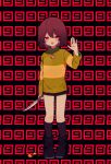  1other :d ahoge bangs black_legwear blush boots brown_footwear brown_hair brown_shorts chara_(undertale) commentary_request full_body green_sweater heart heart_necklace highres long_sleeves looking_at_viewer open_mouth red_eyes short_hair shorts smile socks solo sweater undertale waving y_o_u_k_a 