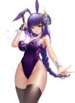  $hu 1girl absurdres bangs blunt_bangs braid breasts cleavage covered_navel flower genshin_impact hair_flower hair_ornament highleg highleg_leotard highres holding holding_sword holding_weapon human_scabbard large_breasts leotard playboy_bunny purple_eyes purple_hair purple_leotard raiden_shogun simple_background smile sword thighhighs weapon white_background 
