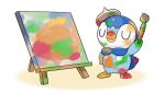  artist_painter canvas_(object) closed_eyes closed_mouth commentary_request hat hatted_pokemon holding holding_paintbrush no_humans official_art paintbrush piplup pokemon pokemon_(creature) project_pochama smile solo standing toes white_background 