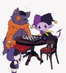  :3 :d ? buttons cat chair chess_piece chessboard colored_skin covering_mouth deltarune fang hand_over_own_mouth hat highres jester_cap jevil lancer_(deltarune) looking_at_viewer no_humans notice_lines open_mouth orange_tunic patch playing_games purple_fur purple_skin scar seam_(deltarune) simple_background smile table tail tunic white_background y_o_u_k_a 