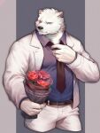  1boy adjusting_clothes adjusting_necktie animal_ears bara bear_boy bear_ears belt black_belt bouquet character_request chinese_commentary commentary_request cropped_legs da_luode flower formal furry furry_male highres holding holding_bouquet looking_at_viewer male_focus mature_male muscular muscular_male necktie pants pectorals purple_shirt scar scar_across_eye scar_on_face sdorica shirt short_hair solo suit thighs white_fur white_pants white_suit 