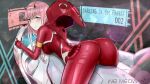  10s 1girl absurdres aqua_eyes artist_name ass blush bodysuit breasts cockpit commentary_request darling_in_the_franxx eyebrows_visible_through_hair feet_out_of_frame from_behind hairband highres horns leaning leaning_forward long_hair looking_at_viewer looking_back pink_hair red_bodysuit shiny shiny_clothes shiny_hair sideboob smile solo very_long_hair wei_miao zero_two_(darling_in_the_franxx) 