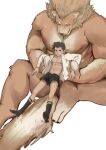  2boys animal_ears bara bare_pectorals black_shorts brown_fur character_request check_character commentary_request completely_nude convenient_censoring dog_boy dog_ears dog_tail foot_out_of_frame furry furry_male furry_with_non-furry giant giant_male highres holding_person huan_shi_tian_tong interspecies large_pectorals male_focus multiple_boys muscular muscular_male nipples nude open_clothes open_shirt original pectorals short_hair shorts size_difference sock_garters socks tail white_background yaoi 