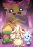  absurdres alcremie appletun closed_mouth commentary_request drooling dynamax frown glowing glowing_eyes hand_up highres kotobukkii_(yt_lvlv) morpeko morpeko_(full) no_humans open_mouth pokemon pokemon_(creature) red_eyes saliva tongue vanillite 