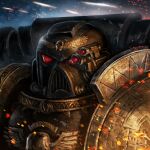  1boy adeptus_astartes ameen_naksewee armor backpack bag commentary commission deathwatch english_commentary facing_viewer full_armor helmet male_focus pauldrons portrait shoulder_armor solo warhammer_40k 