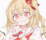  1girl bangs blonde_hair blush commentary crystal drooling eyebrows_visible_through_hair flandre_scarlet hair_between_eyes hair_ribbon hands_up heart heart_in_eye interlocked_fingers looking_at_viewer medium_hair mouth_drool no_hat no_headwear one_side_up own_hands_clasped own_hands_together paragasu_(parags112) pointy_ears red_ribbon ribbon simple_background solo symbol_in_eye touhou upper_body white_background wings 
