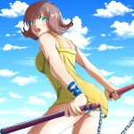  1girl ass breasts brown_hair cloud final_fantasy final_fantasy_viii flipped_hair green_eyes highres kamio18 looking_at_viewer nunchaku open_mouth panties selphie_tilmitt short_hair smile solo underwear weapon yellow_overalls 
