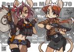  2girls animal_ears animal_nose bangs belt body_fur breasts brown_eyes brown_hair cleavage commission cowboy_shot english_text eyebrows_visible_through_hair fingerless_gloves furry furry_female gloves gun highres holding holding_gun holding_weapon long_hair looking_at_viewer midriff multiple_girls nancou_(nankou) navel one_eye_closed open_mouth original short_shorts shorts shotgun shotgun_shell single_thighhigh skirt tail thighhighs trigger_discipline two-tone_fur weapon 