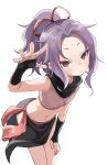 1girl absurdres black_scarf brown_eyes commentary_request cosplay hair_ribbon hand_on_own_knee hand_up highres kunoichi_tsubaki_no_mune_no_uchi looking_at_viewer midriff navel ninja ponytail purple_hair red_ribbon ribbon sazanka_(kunoichi_tsubaki_no_mune_no_uchi) scarf short_hair simple_background solo thighs tsubaki_(kunoichi_tsubaki_no_mune_no_uchi) tsubaki_(kunoichi_tsubaki_no_mune_no_uchi)_(cosplay) white_background yamamoto_souichirou 