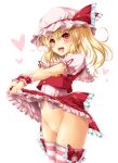  1girl ascot bat_wings blonde_hair blush bow clothes_lift cowboy_shot crystal fang flandre_scarlet frilled_shirt frilled_shirt_collar frilled_skirt frilled_sleeves frills hat hat_ribbon highres kamiya_tomoe lifted_by_self miniskirt mob_cap no_panties one_side_up panties puffy_short_sleeves puffy_sleeves red_bow red_eyes red_ribbon red_skirt red_vest ribbon shirt short_hair short_sleeves siblings side_ponytail skirt skirt_lift skirt_set striped striped_legwear thighhighs touhou underwear vertical-striped_legwear vertical_stripes vest white_panties white_shirt wings yellow_ascot 