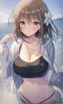  1girl air_bubble bangs beach black_shirt blue_jacket blurry blurry_background blush braid breasts bubble charlotte_corday_(fate) charlotte_corday_(swimsuit_caster)_(fate) cleavage closed_mouth cloud collarbone commentary_request crop_top eyebrows_visible_through_hair fate/grand_order fate_(series) flower hair_between_eyes hair_flower hair_ornament hair_strand hand_up highres jacket jewelry kuro_futoshi long_sleeves looking_at_viewer medium_breasts medium_hair messy_hair midriff navel necklace open_clothes open_jacket shirt sidelocks sky smile solo standing upper_body water 