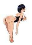  1girl ass bent_over black_hair black_swimsuit breasts commentary_request competition_swimsuit from_behind from_side grin highleg highleg_swimsuit highres looking_at_viewer looking_to_the_side medium_breasts medium_hair one-piece_swimsuit original purple_eyes ryuusei_(mark_ii) simple_background smile solo swimsuit thumbs_up wet white_background 