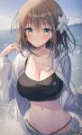  1girl air_bubble bangs beach black_shirt blue_jacket blurry blurry_background blush braid breasts bubble charlotte_corday_(fate) charlotte_corday_(swimsuit_caster)_(fate) cleavage closed_mouth cloud collarbone crop_top eyebrows_visible_through_hair fate/grand_order fate_(series) flower hair_between_eyes hair_flower hair_ornament hair_strand hand_up highres jacket jewelry kuro_futoshi long_sleeves looking_at_viewer medium_breasts medium_hair messy_hair midriff navel necklace open_clothes open_jacket shirt sidelocks sky smile solo standing upper_body water 