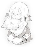  1girl bangs barefoot blush child cloneko_(zelmeledf2) commentary eyebrows_visible_through_hair fang full_body gradient gradient_background greyscale hair_ribbon highres kneeling light_blush long_hair long_sleeves looking_at_viewer monochrome object_hug open_mouth original pajamas pants pillow pillow_hug ribbon seiza shiny shiny_hair shirt simple_background sitting sketch skin_fang solo white_background wide-eyed 