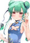  1girl absurdres bangs bare_arms blue_dress blush breasts bug butterfly china_dress chinese_clothes cleavage_cutout closed_mouth clothing_cutout commentary_request double_bun dress earrings eyebrows_visible_through_hair green_butterfly green_hair hair_ribbon highres hololive jewelry long_hair looking_at_viewer pepushi_drow red_eyes ribbon simple_background sleeveless sleeveless_dress small_breasts solo upper_body uruha_rushia v-shaped_eyebrows virtual_youtuber white_background 