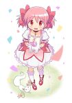  1girl :d blush bow box bubble_skirt cupping_hands eyebrows_visible_through_hair full_body gecchu gift gift_box gloves highres kaname_madoka kyubey looking_at_viewer magical_girl mahou_shoujo_madoka_magica open_mouth outstretched_arms pink_eyes pink_hair red_footwear shoes short_hair short_twintails skirt smile solo tareme twintails white_background white_gloves 